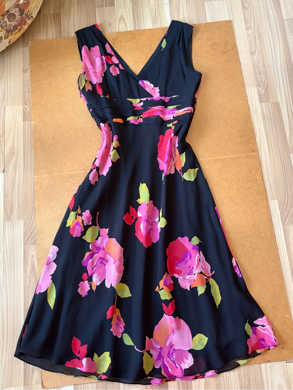 100% silk Jones New York Black Dress with Pink Floral Print